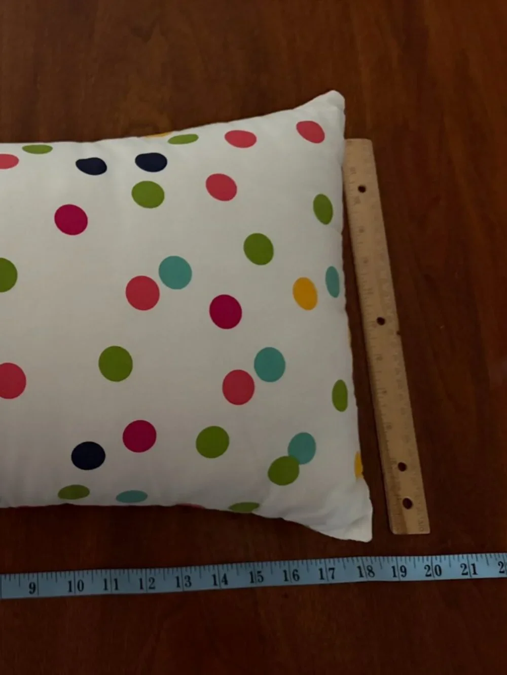 Decorative pillow with white polka dotted removable case